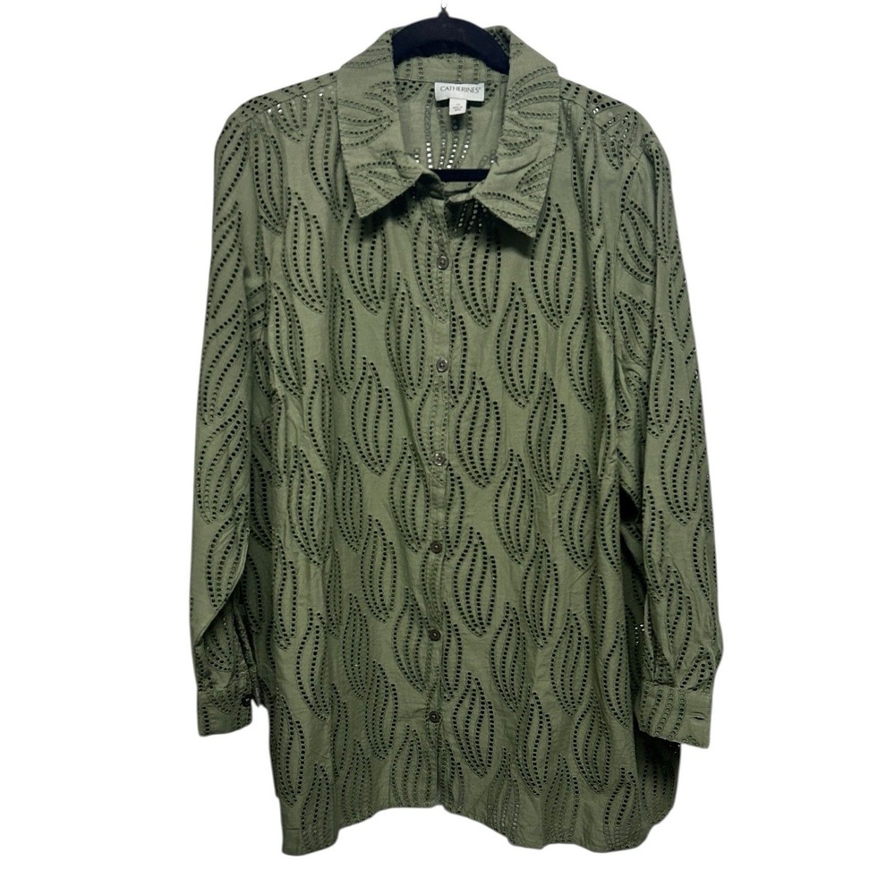 Catherine's Eyelet Buttonfront Blouse Green Plus Size 2X Relaxed Fit Cotton Chic